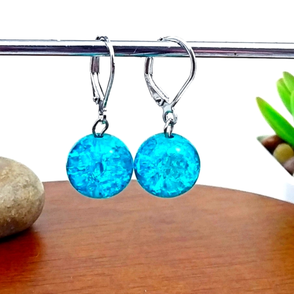 Turquoise Silver Tone Glass Earrings